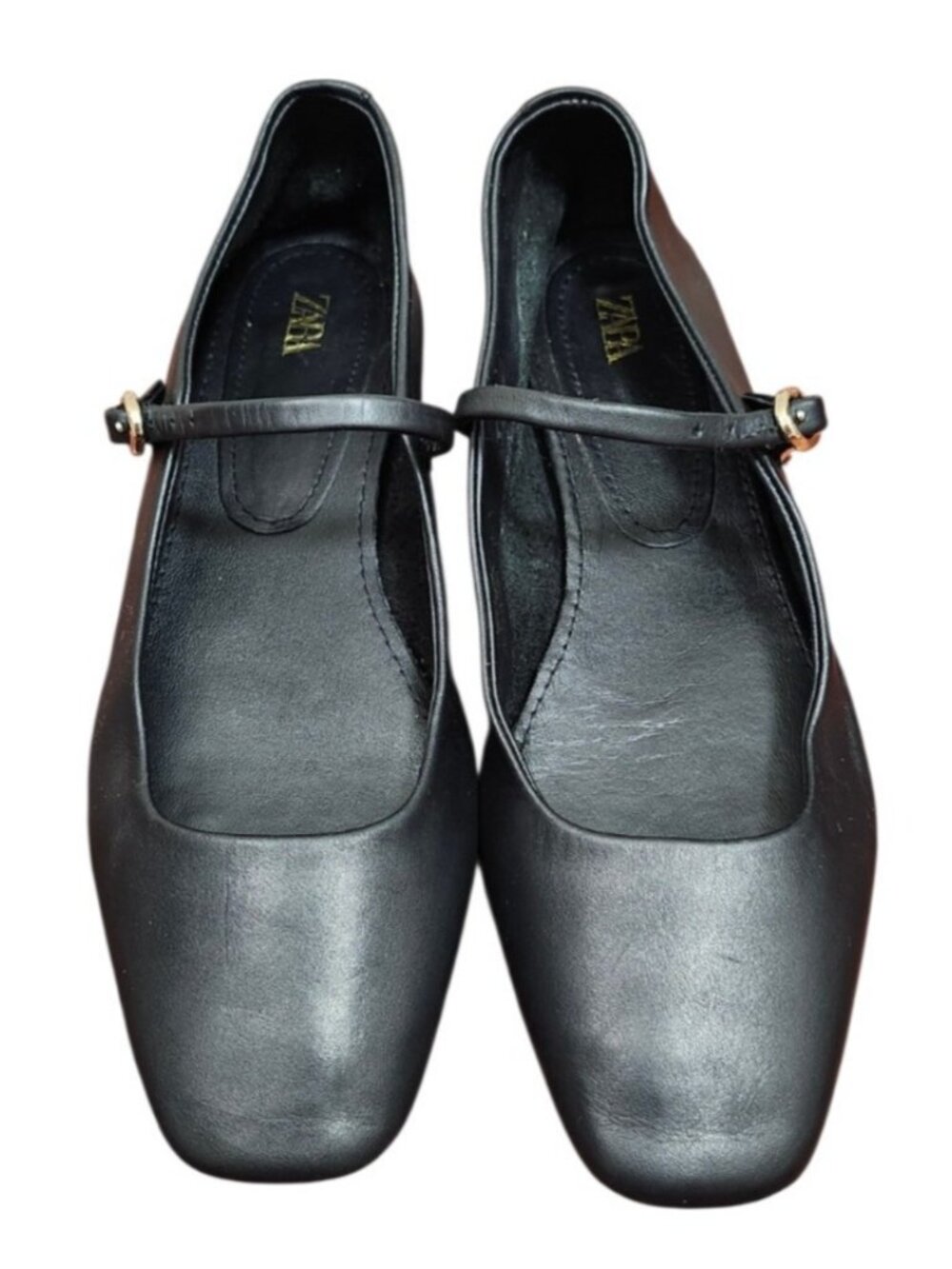 ZARA Black Leather Mary Jane Ballet Flats Women's EU 37 US 6.5 Buckle Square Toe